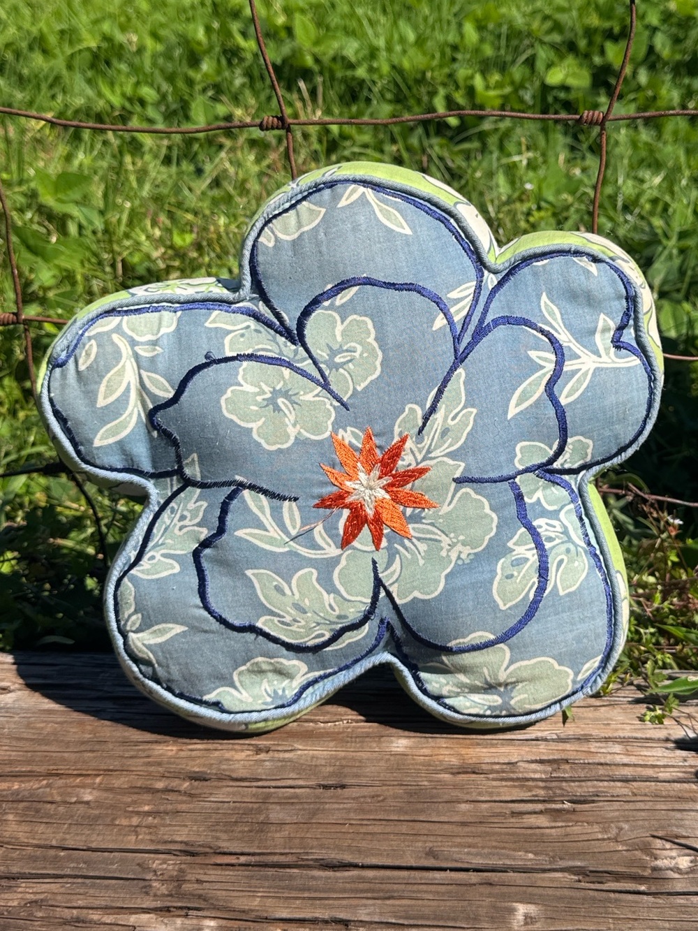 Retro hibiscus shaped embroidered round pillow Aloha Hawaii